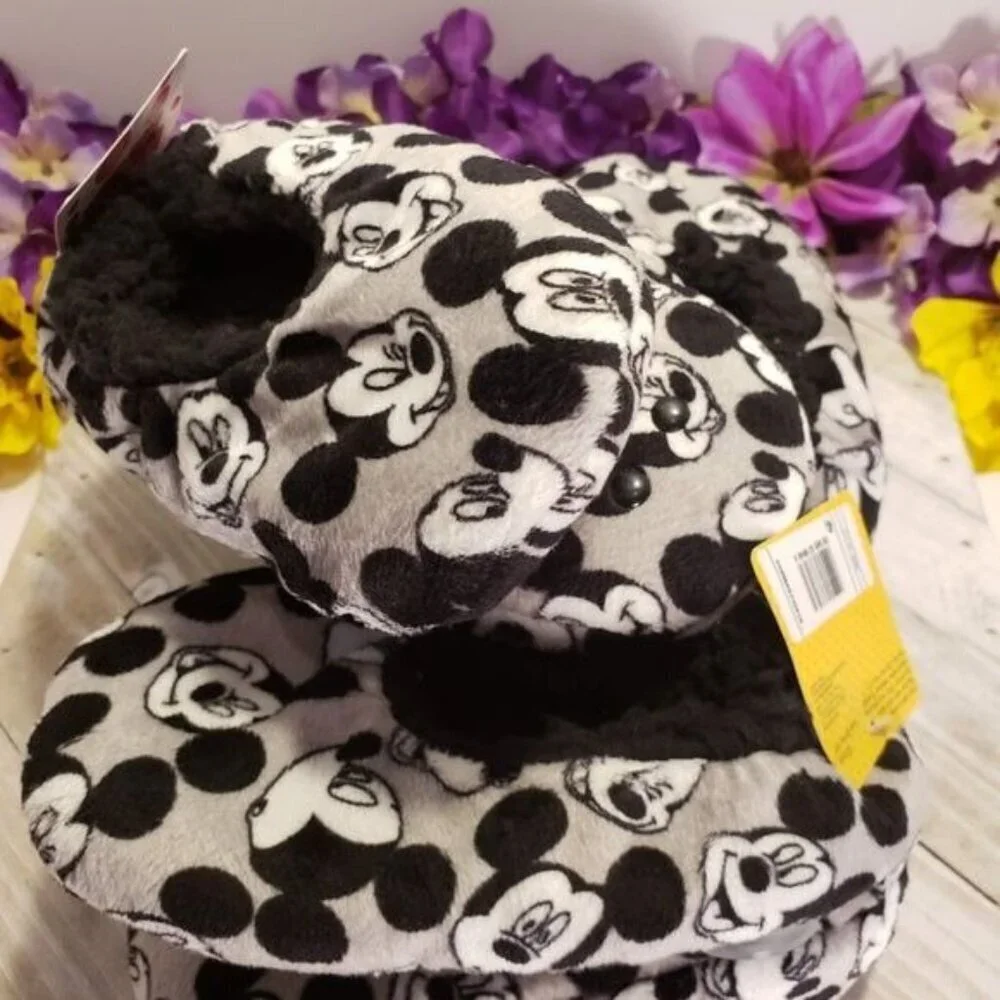 Mickey Mouse Disney Slippers Shoe Fuzzy Plush Kid Babba Foot Wear Grey Black